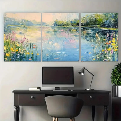 3pcs Impressionist Water Lily Pond & Floral Design Metal Print Ready to Hang Art - Bella Home Decor