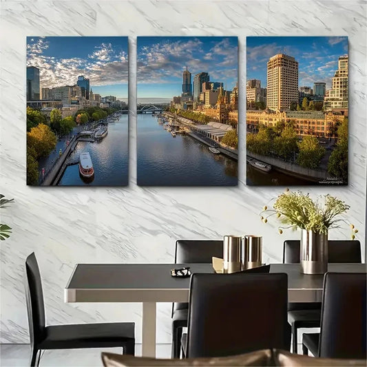 3pcs Melbourne City Landmarks Skyline Wall Art Set Canvas Framed 60x90cm - High Quality Print 100% Australian Made Wall Canvas Ready to Hang