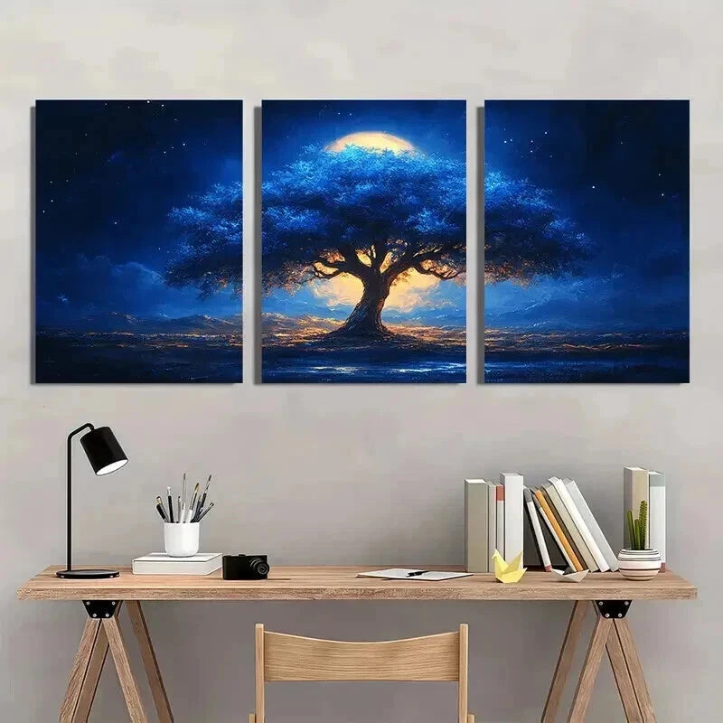 3pcs Blue Tree Landscape with Moonlit Sky Wall Art Set Canvas Framed 50x70cm - High Quality Print 100% Australian Made Wall Canvas Ready to Hang - Bella Home Decor