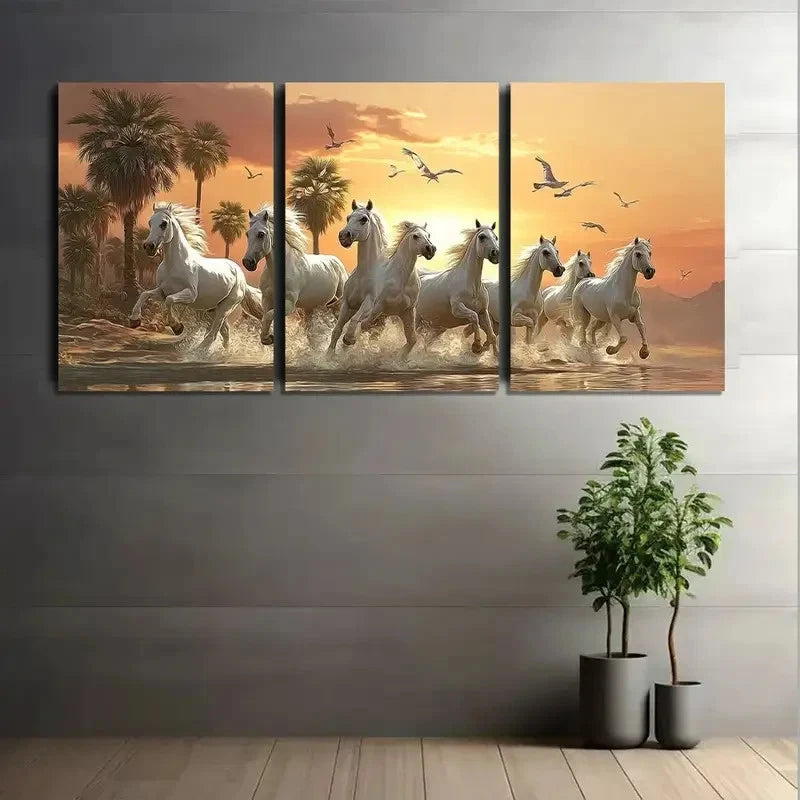 3pcs White Horses Running in Desert Sunset Metal Print Ready to Hang Art - Bella Home Decor