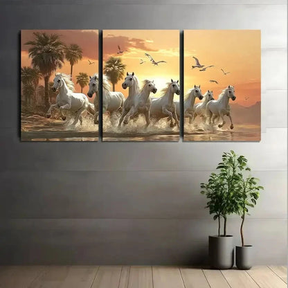 3pcs White Horses Running in Desert Sunset Metal Print Ready to Hang Art - Bella Home Decor