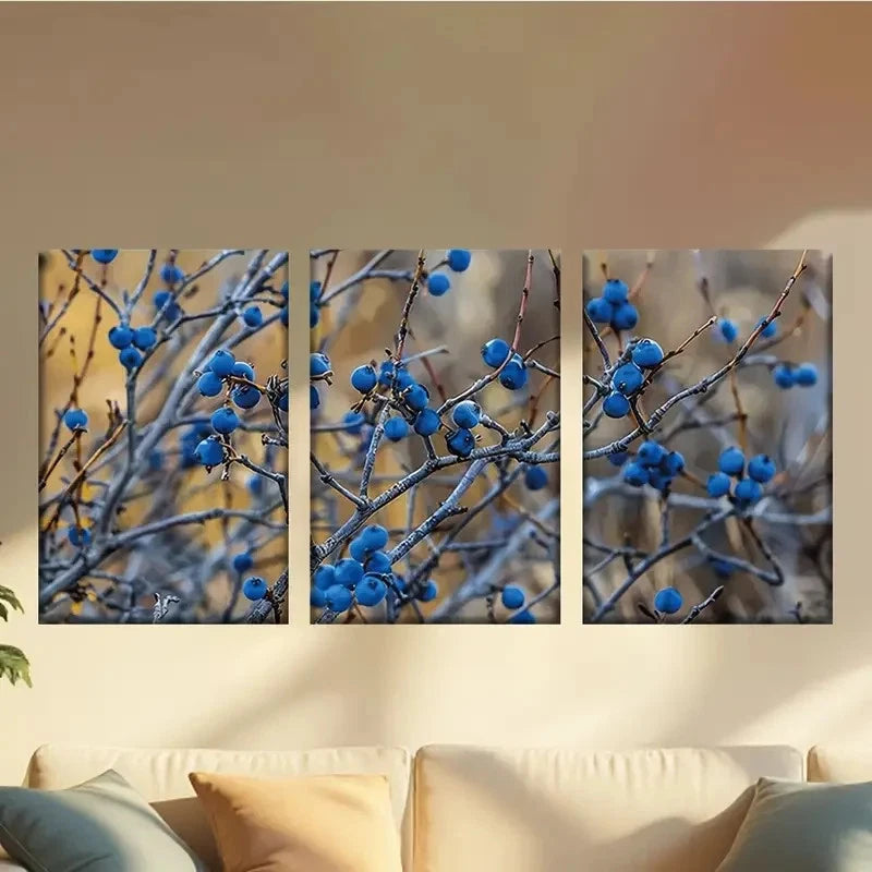 3pcs Blue Berry Branches, Abstract Encaustic Wall Art Set Canvas Framed 50x70cm - High Quality Print 100% Australian Made Wall Canvas Ready to Hang - Bella Home Decor