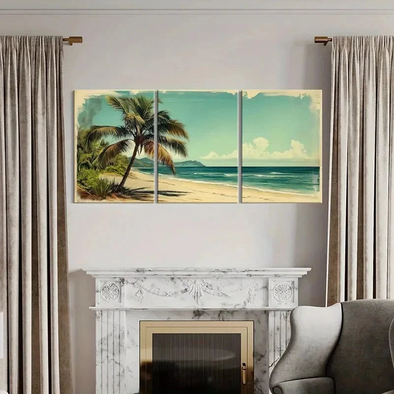 3pcs Palm Tree Ocean View Tropical Beach Metal Print Ready to Hang Art - Bella Home Decor