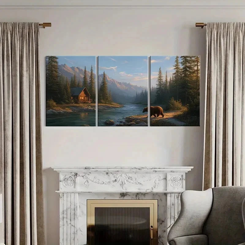 3pcs Mountain Cabin Bear Forest River Landscape Metal Print Ready to Hang Art - Bella Home Decor