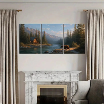 3pcs Mountain Cabin Bear Forest River Landscape Metal Print Ready to Hang Art - Bella Home Decor