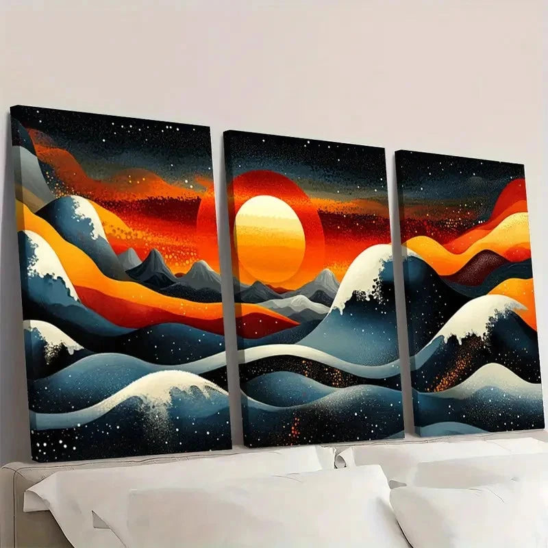 3pcs Bauhaus Geometric Sun and Waves H  Wall Art Set Canvas Framed 60x90cm - High Quality Print 100% Australian Made Wall Canvas Ready to Hang - Bella Home Decor