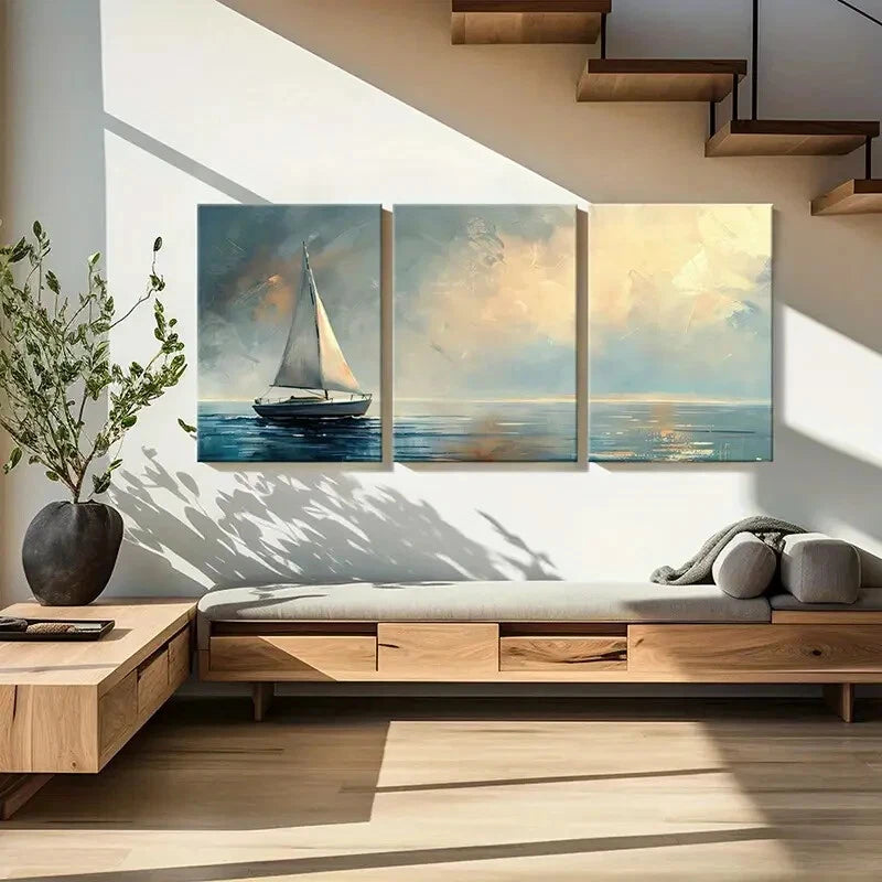 3pcs Serene Ocean Waves & Abstract Sky Art Metal Print Ready to Hang Art - Bella Home Decor