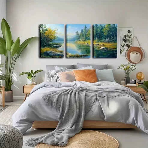 3pcs Spring Stream Landscape with Autumn Leaves Wall Art Canvas Unframed - High Quality Print 100% Australian Made Wall Canvas
