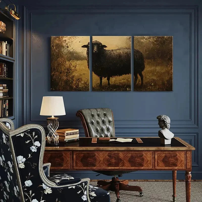 3pcs Artistic Black Sheep Painting Farmhouse Metal Print Ready to Hang Art - Bella Home Decor