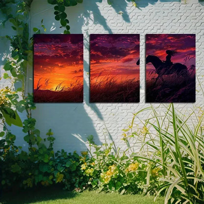 3pcs Horseman Silhouette Sunset Metal Print Ready to Hang Art - Bella Home Decor