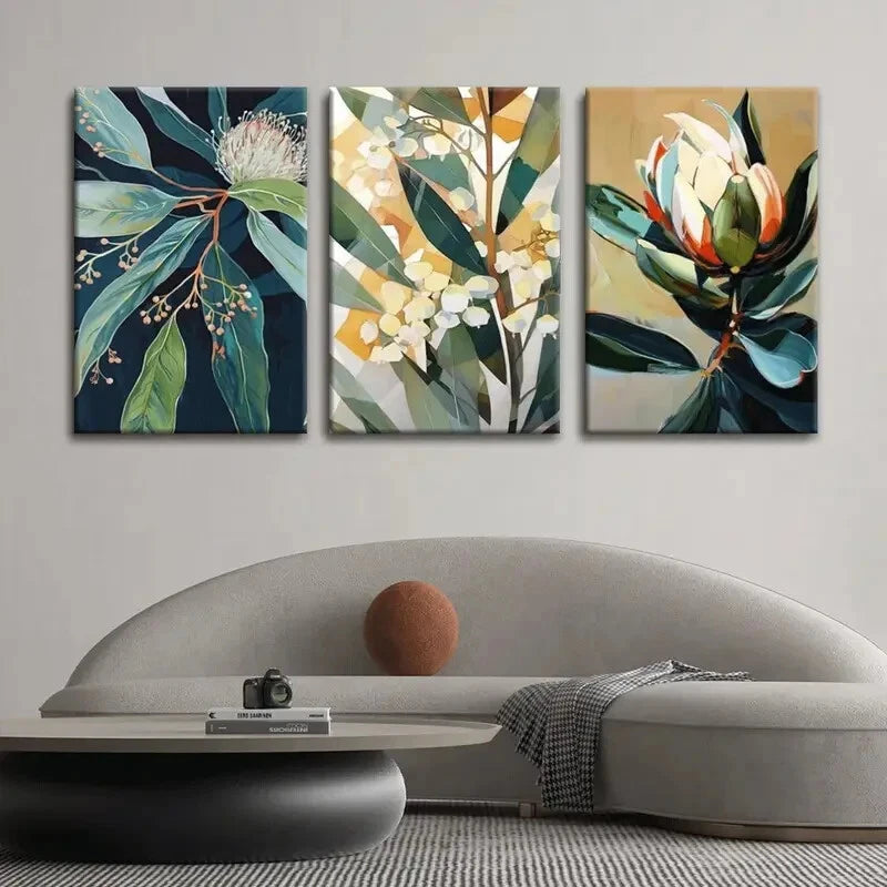 3pcs Abstract Floral Flowers And Blue Foliage Metal Print Ready to Hang Art - Bella Home Decor