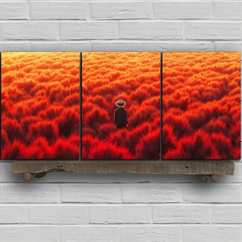 3pcs Abstract Red Field Figure Metal Print Ready to Hang Art - Bella Home Decor