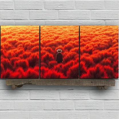 3pcs Abstract Red Field Figure Metal Print Ready to Hang Art - Bella Home Decor