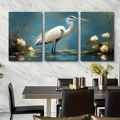 3pcs White Heron Egret Impasto Perfect Wall Art Set Canvas Framed 60x90cm - High Quality Print 100% Australian Made Wall Canvas Ready to Hang
