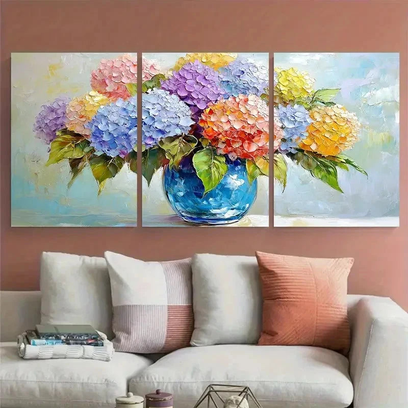 3pcs Hydrangea Bouquet in Blue Glass Vase Metal Print Ready to Hang Art - Bella Home Decor