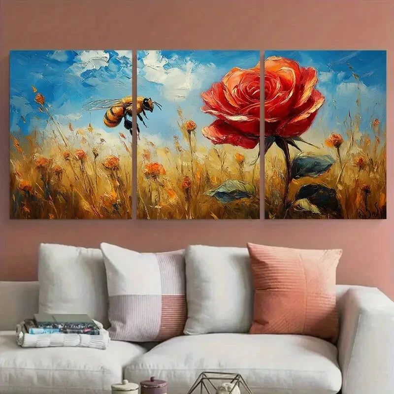 3pcs Vibrant Red Rose Honeybee Meadow Floral Metal Print Ready to Hang Art - Bella Home Decor