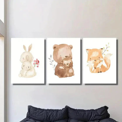 3pcs Cartoon Bunny & Bear Family, Cute Animal Wall Art Canvas Unframed - High Quality Print 100% Australian Made Wall Canvas - Bella Home Decor