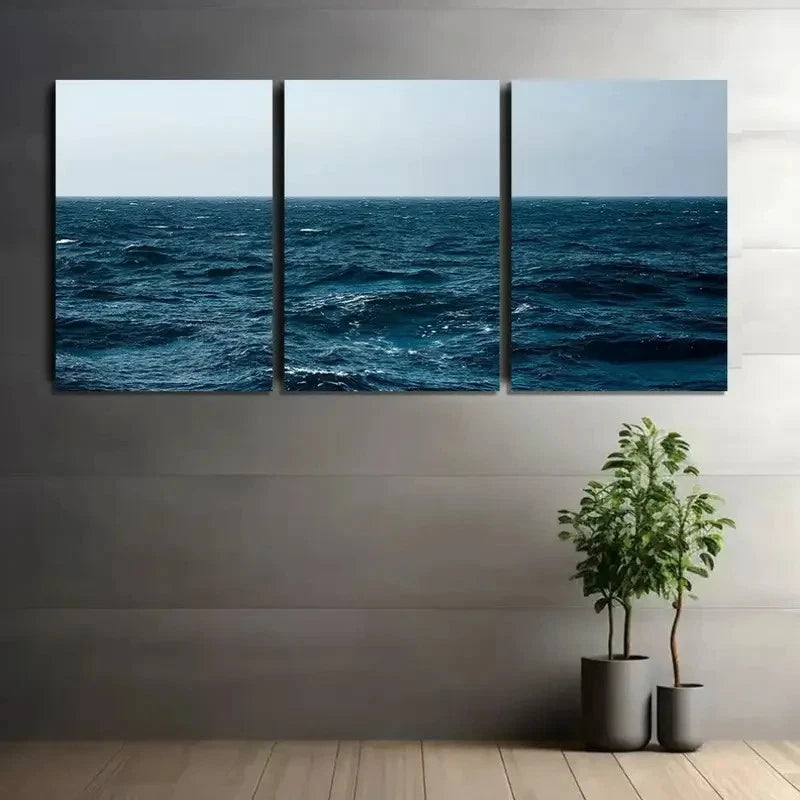3pcs Vast Ocean with Dark Blue Sea Artwork Metal Print Ready to Hang Art - Bella Home Decor
