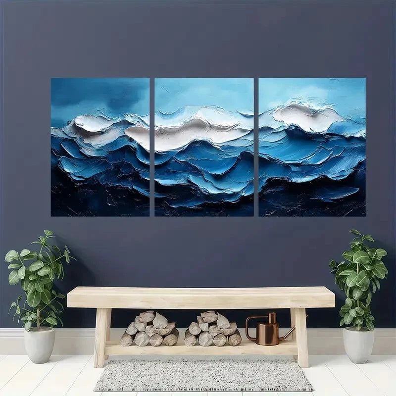 3pcs Abstract Blue Seascape Oil Paintings Metal Print Ready to Hang Art - Bella Home Decor