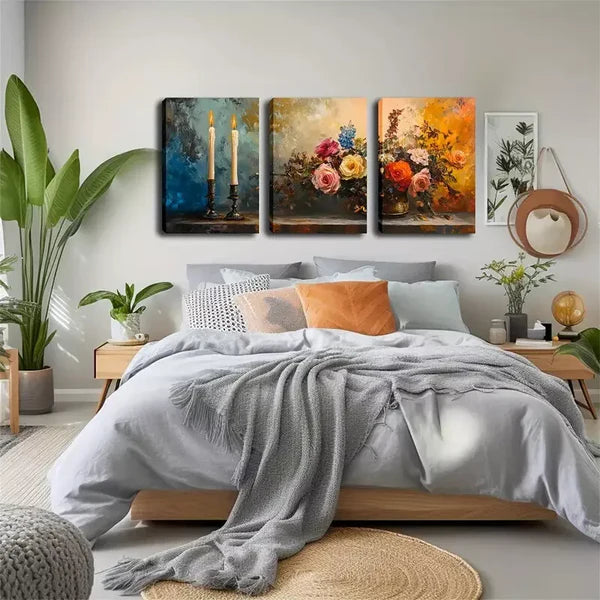 3pcs Picture, Two Slender Candles And Flowers Wall Art Set Canvas Framed 60x90cm - High Quality Print 100% Australian Made Wall Canvas Ready to Hang - Bella Home Decor