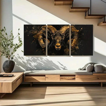 3pcs Abstract Golden Ram Artistic Splatter Metal Print Ready to Hang Art - Bella Home Decor