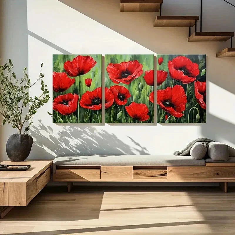 3pcs Red Flower Field Vibrant Colors Floral Art Metal Print Ready to Hang Art - Bella Home Decor