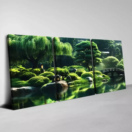 3pcs Lush Green Scenery with lake & Bridge Wall Art Set Canvas Framed 50x70cm - High Quality Print 100% Australian Made Wall Canvas Ready to Hang