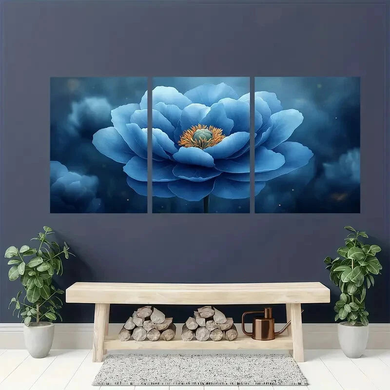 3pcs Light Blue Peony Flower Painting Metal Print Ready to Hang Art - Bella Home Decor
