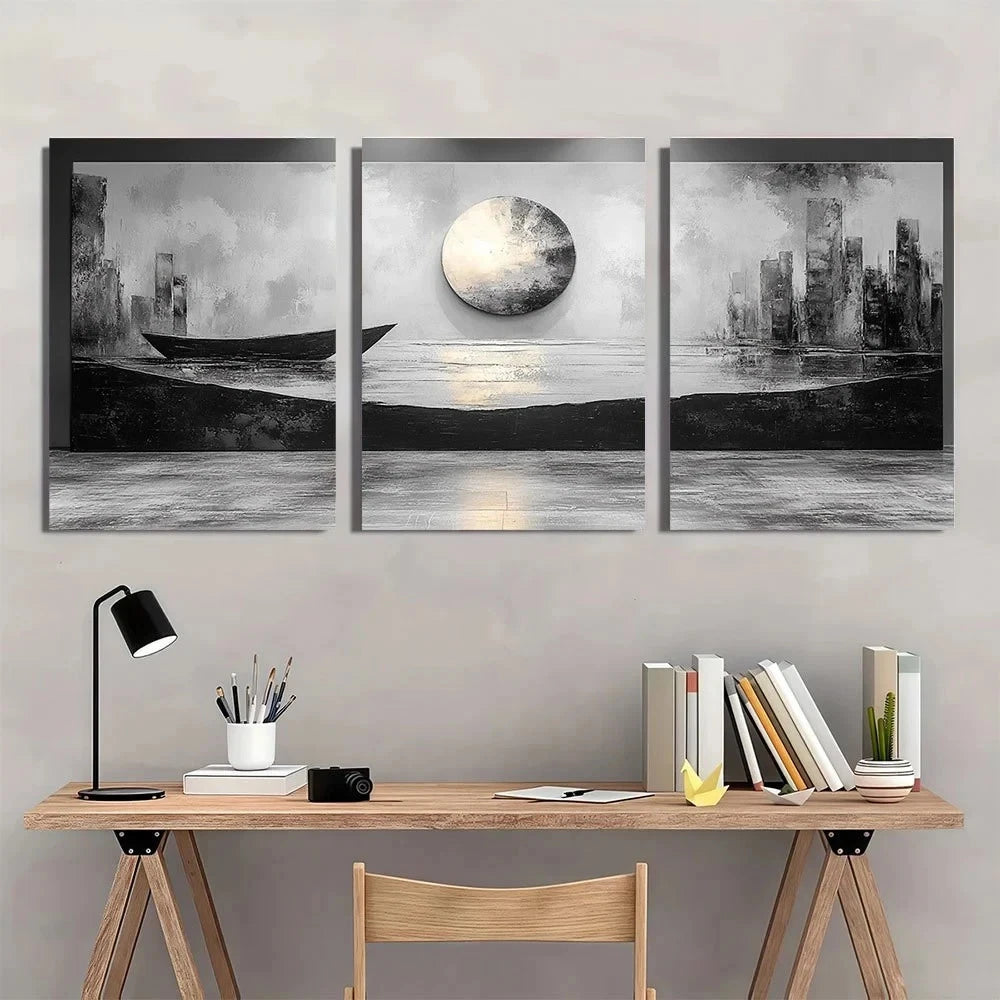 3pcs Black and White Abstract Metal Print Ready to Hang Art - Bella Home Decor