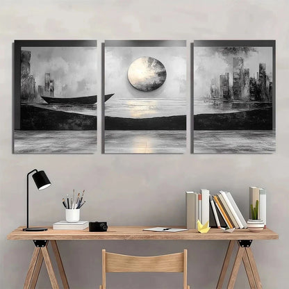 3pcs Black and White Abstract Metal Print Ready to Hang Art - Bella Home Decor