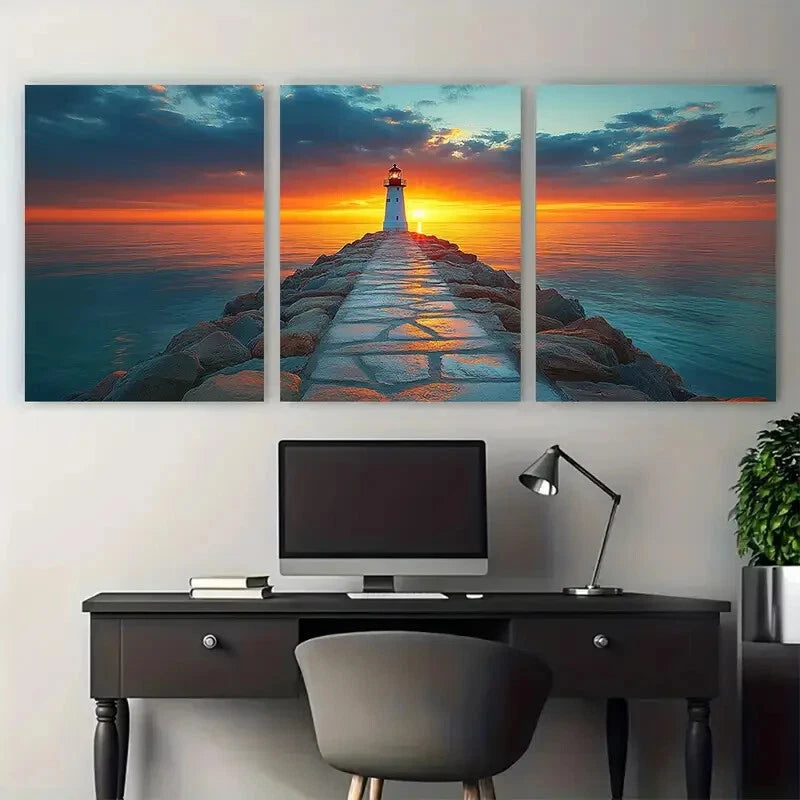 3pcs White Lighthouse Rocky Pier Ocean Sunset Metal Print Ready to Hang Art - Bella Home Decor