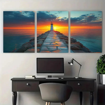 3pcs White Lighthouse Rocky Pier Ocean Sunset Metal Print Ready to Hang Art - Bella Home Decor