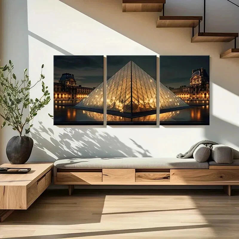 3pcs Louvre Pyramid Paris Landmark Architectural Metal Print Ready to Hang Art - Bella Home Decor
