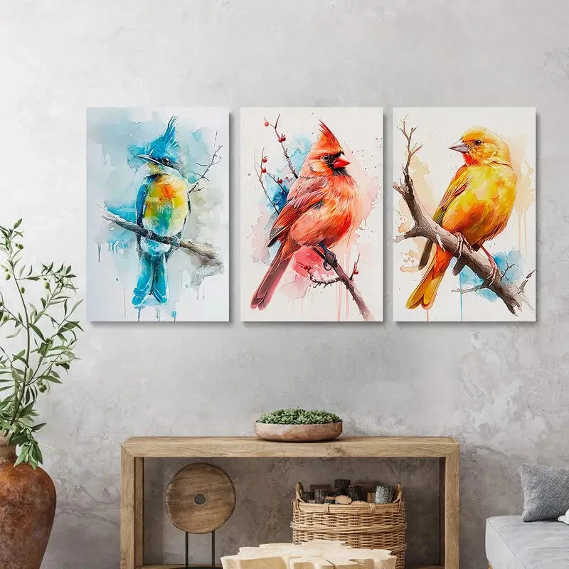 3pcs Colourful Bird Painting Blue & Yellow Metal Print Ready to Hang Art - Bella Home Decor