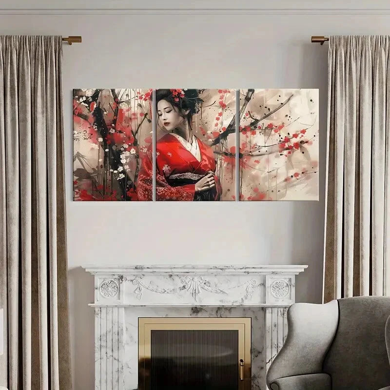 3pcs Kimono Cherry Blossoms Japanese Traditional Metal Print Ready to Hang Art - Bella Home Decor