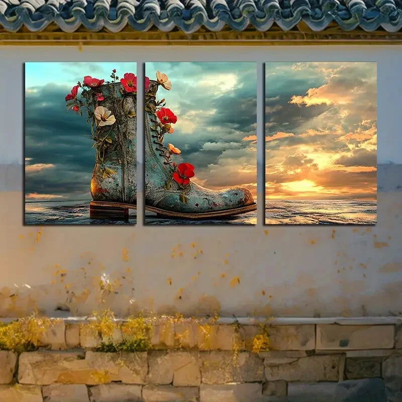 3pcs Vibrant Flower Filled Boots Beach Scene Metal Print Ready to Hang Art