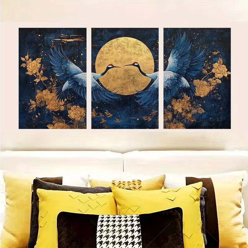 3pcs Flying Cranes Dark Blue Wall Art Metal Print Ready to Hang Art - Bella Home Decor