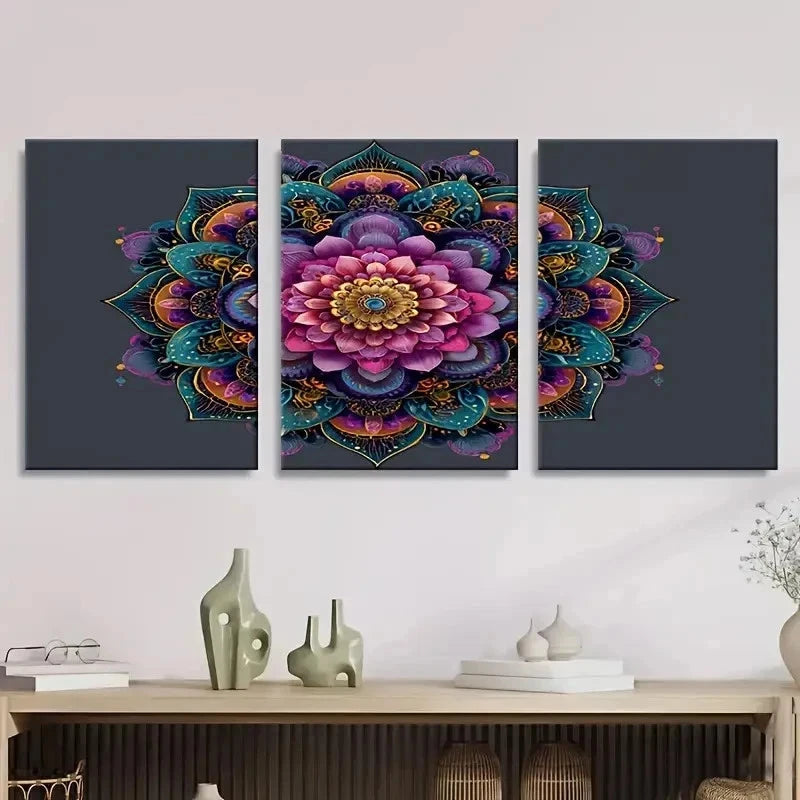3pcs Mandala Flower Wall Art Set Canvas Framed 60x90cm - High Quality Print 100% Australian Made Wall Canvas Ready to Hang