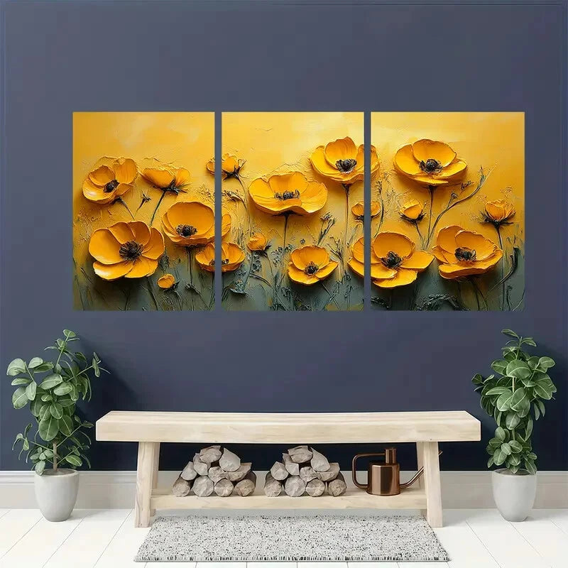 3pcs Yellow Wildflower Oil Small Impasto Art Metal Print Ready to Hang Art - Bella Home Decor