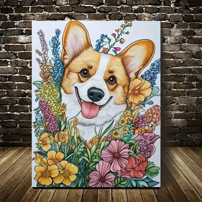 Cute Corgi Dog with Vibrant Flowers and Plant Painting 40x60cm Metal Print Ready to Hang - Bella Home Decor