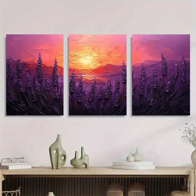 3pcs Lavender Sunset Coastal Metal Print Ready to Hang Art