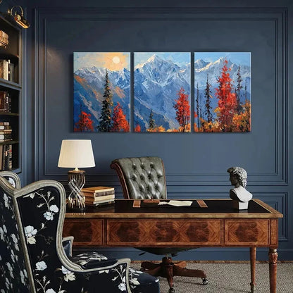 3pcs Mountain Landscape Autumn Trees Snowy Peaks Metal Print Ready to Hang Art - Bella Home Decor