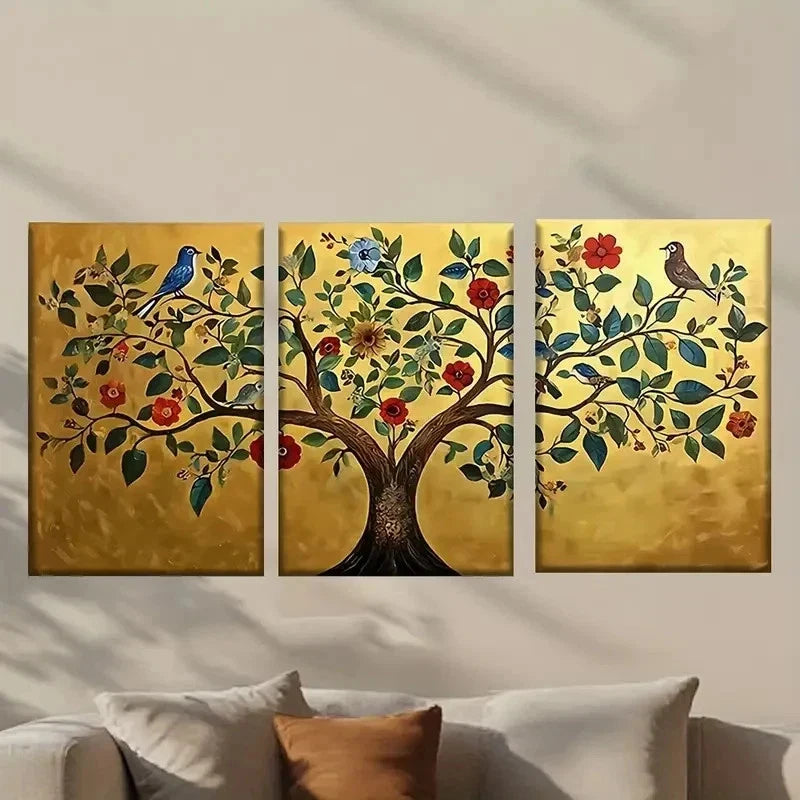 3pcs Tree with Birds and Colorful Flowers Wall Art Set Canvas Framed 50x70cm - High Quality Print 100% Australian Made Wall Canvas Ready to Hang