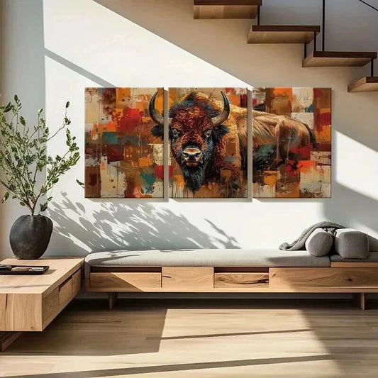 3pcs Abstract Bison Vibrant Color Bold Lines Wall Art Set Canvas Framed 40x60cm - High Quality Print 100% Australian Made Wall Canvas Ready to Hang