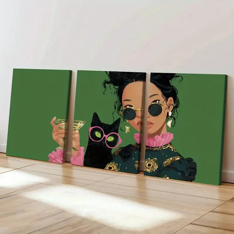3pcs Woman Fashion Glasses, Green Background Wall Art Set Canvas Framed 50x70cm - High Quality Print 100% Australian Made Wall Canvas Ready to Hang - Bella Home Decor