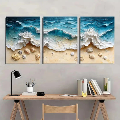 3pcs Textured Blue Wave & Sandy Shore Scene Metal Print Ready to Hang Art - Bella Home Decor