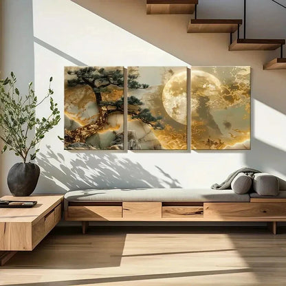 3pcs Moonlit Pine Tree Golden Landscape Metal Print Ready to Hang Art - Bella Home Decor