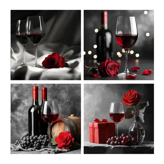 4pcs Dark Tones Paintings, Wine Bottle Wall Art Canvas Framed