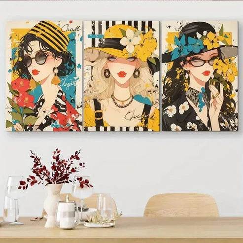 3pcs Women with Hats & Glasses Vibrant Wall Art Canvas Unframed - High Quality Print 100% Australian Made Wall Canvas