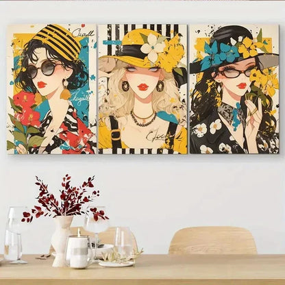 3pcs Women with Hats & Glasses Vibrant Wall Art Canvas Unframed - High Quality Print 100% Australian Made Wall Canvas